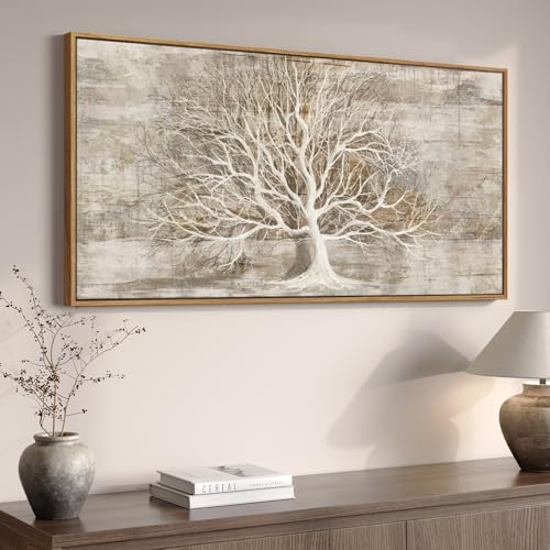 Large Framed Neutral Tree of Life Wall Art for Living Room, 60x30 In - color: Neutral White, size: 60"L x 30"W