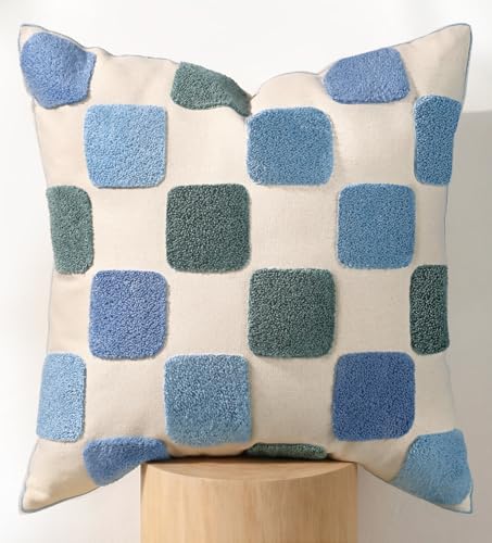 Embroidered Throw Pillow Cover 18x18 Inch, Blue Checkered - color: Blue Checkered, size: 18" x 18" (Pack of 1)