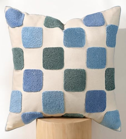Embroidered Throw Pillow Cover 18x18 Inch, Blue Checkered - color: Blue Checkered, size: 18" x 18" (Pack of 1)