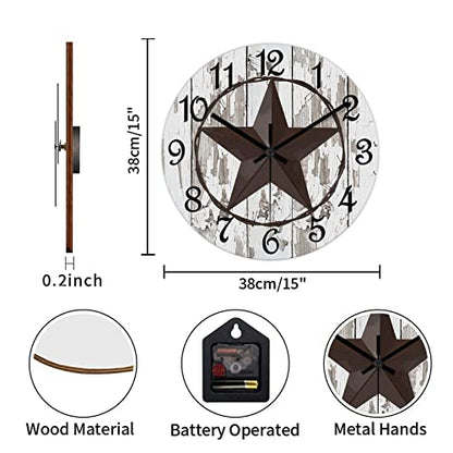 Round Farmhouse Wall Clock Western Texas Star Classic Style Wood Clock Quiet Non-Ticking Battery Operated with Large Numbers Rustic Wall Art Time Clock for Living Room Patio School 15 Inch - color: Style-1, size: 15in