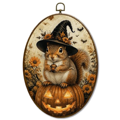 JQF Halloween Squirrel Witchy Pumpkin Oval Wall Decor Framed 442XW-YGH-fall - color: fall Squirrer-1