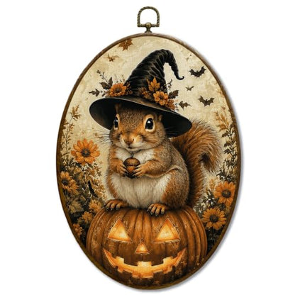JQF Halloween Squirrel Witchy Pumpkin Oval Wall Decor Framed 442XW-YGH-fall - color: fall Squirrer-1