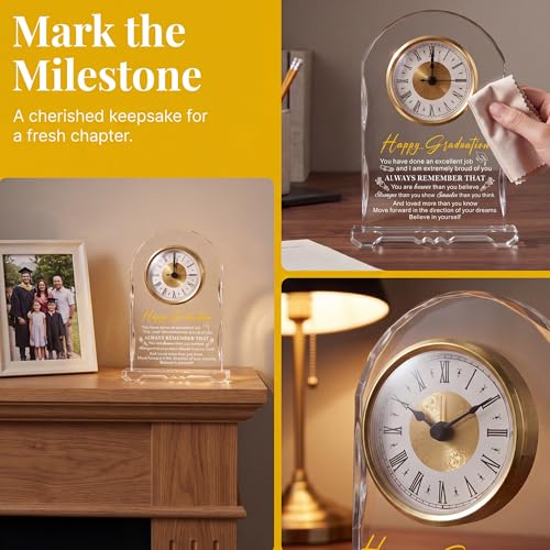 Crystal Clock Graduation Gift for Her Him Women Men - Class of 2026 Graduation Keepsake Present for College High School PHD Masters Degree, Gift for Daughter Son Sister Friend - color: Happy Graduation