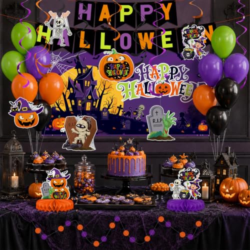 Halloween Decorations Kit, Happy Halloween Banner, Circle Confetti Dots, Hanging Swirl Streamers, Honeycomb Centerpiece and Balloons, Halloween Party Supplies - style: Halloween
