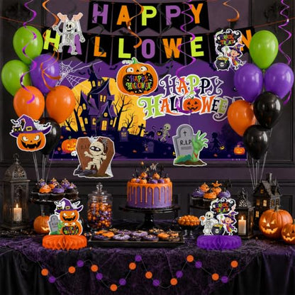 Halloween Decorations Kit, Happy Halloween Banner, Circle Confetti Dots, Hanging Swirl Streamers, Honeycomb Centerpiece and Balloons, Halloween Party Supplies - style: Halloween