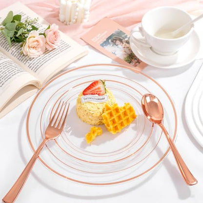 bUCLA 150PCS Clear Rose Gold Disposable Dinnerware set - Rose Gold Plastic Plates Include 25 Dinner / 25 Dessert Plates, 25 Knives, 25 Forks, 25 Spoons, 25 Cups for Party & Wedding - color: Clear Rose Gold