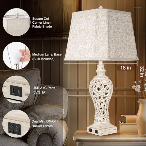 LuxSight Collection 32" Table Lamp Set of 2 with Nightlight and 2 USB Ports - color: Cream-Set of 2, size: 32 inch