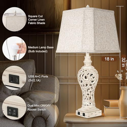 LuxSight Collection 32" Table Lamp Set of 2 with Nightlight and 2 USB Ports - color: Cream-Set of 2, size: 32 inch