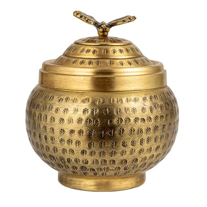 Creative Co-Op Round Hammered Metal Container with Butterfly Finial, Brass Finish - size: 6 inches (Diameter) x 7 inches (Height), style: Cottage