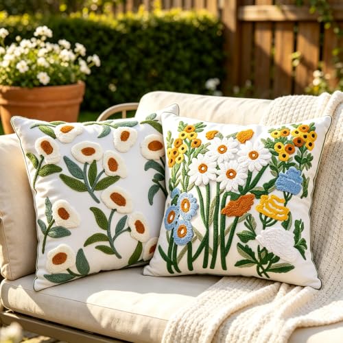 Green Daisy Floral Embroidered Spring Throw Pillow Cover 18"x18" Set of 2 - color: Floral Green