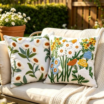 Green Daisy Floral Embroidered Spring Throw Pillow Cover 18"x18" Set of 2 - color: Floral Green