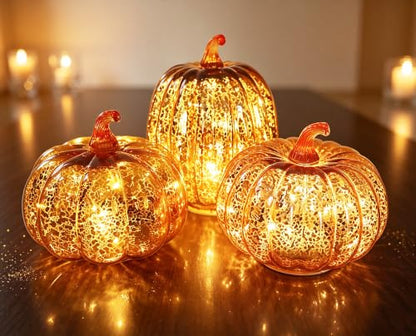 Mercury Glass Pumpkin Lights with Timer Set of 3, Battery Operated Glass Pumpkin for Halloween Thanksgiving Fall Autumn Decorations Tabletop Home Holiday Decor, Gold (Height:5.5“/7.7”)