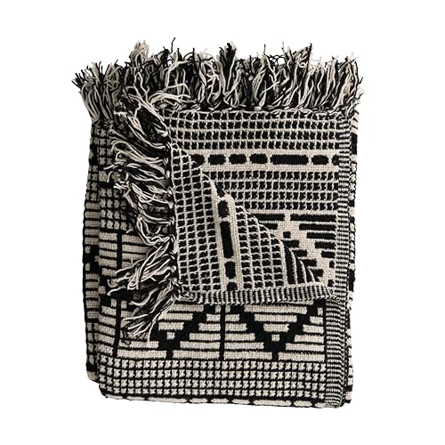 Bloomingville Soft Reclaimed Cotton Blend Throw with Diamond Pattern and Fringe, Black and Beige - color: Black and Beige