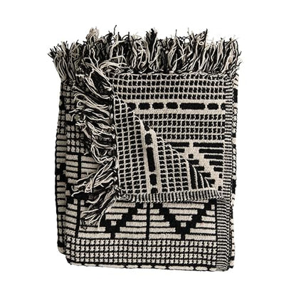 Bloomingville Soft Reclaimed Cotton Blend Throw with Diamond Pattern and Fringe, Black and Beige - color: Black and Beige