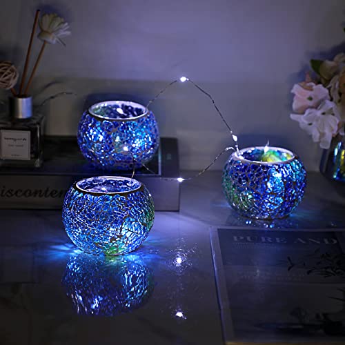 OwnMy 3PCS Mosaic Glass Tea Light Holders Round Bowl Votive Candle Holders - color: Blue