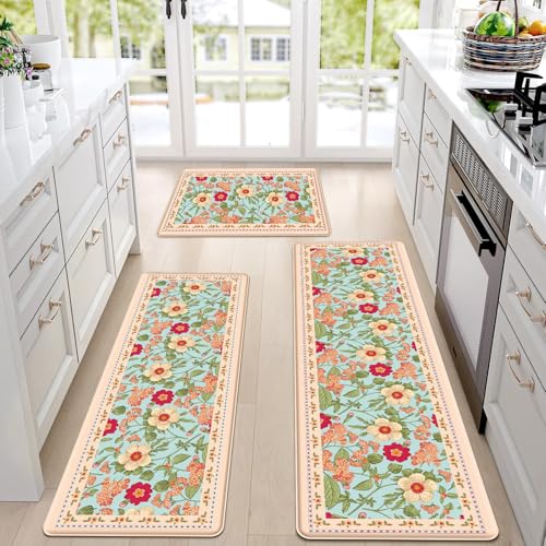 3 PCS Vintage Floral Kitchen Mats, Anti-Fatigue Floor Rugs, Blue - color: Blue, size: 18''x30''+18"x48"+18"x60"