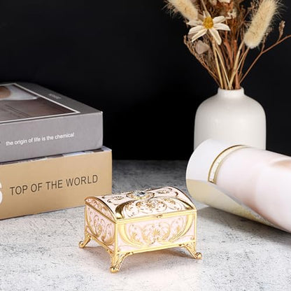 Small Jewelry Box Treasure Box Vinatge Enamel Trinket Organzier Hand Painted Jewelry Chest Case Golded Metal Jewelry Keepsake Box for Earrings Rings Gift for Christmas Wedding,Beige - style: Treasure Chest Style