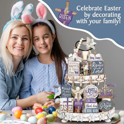 Amyhill 29 Pcs Religious Easter Tiered Tray Decor Christian Easter Decorations He is Risen Cross Lily Purple Wooden Signs Rustic Farmhouse Spring Table Decor for Home Kitchen Shelf - style: Purple Easter