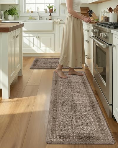 LUMI Kitchen Floor Mats Cushioned Anti Fatigue Set of 2,17"x30"+17"x59" - color: Brown & Olive, size: 59"L x 17"W x 0.4"Th + 30"L x 17"W x 0.4"Th