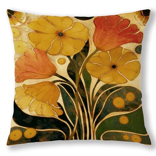 Retro Boho Floral Pillow Covers 18x18, Mid Century Modern Mustard Yellow Flower Botanical Decorative Throw Pillow Covers Pillowcases for Home Living Room Bedroom - color: Green & Orange 10, size: 18" x 18" (Pack of 1)
