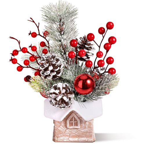 KPX Small Christmas Tree Tabletop Artificial Mini Christmas Tree Decorations with Holiday Ornaments Red Berry Pine Cone Greenery for Home Indoor Fireplace Mantel Xmas Decor (Cabin-Snow) - color: Cabin-snow