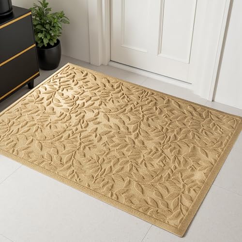 Beige Leaves Outdoor Indoor Entrance Door mat, Absorbent Durable Heavy Duty Welcome Front Door Mat,Thick Natural Rubber Back,Easy Clean Entryway Mat 47x32 Inch, Low Profile - color: Leaves-beige, size: 2'8" x 3'11" (Rectangular)