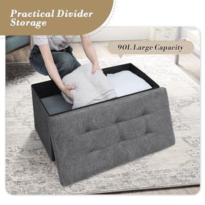 Athena Collection 30" Storage Ottoman Bench Folding Bench with 90L Hidden Storage, Large End of Bed Bench Linen Foot Rest Stool Chest with Flipping Lid for Living Room, Bedroom, Entryway, Dark Gray - color: Dark Gray, style: 30" Linen