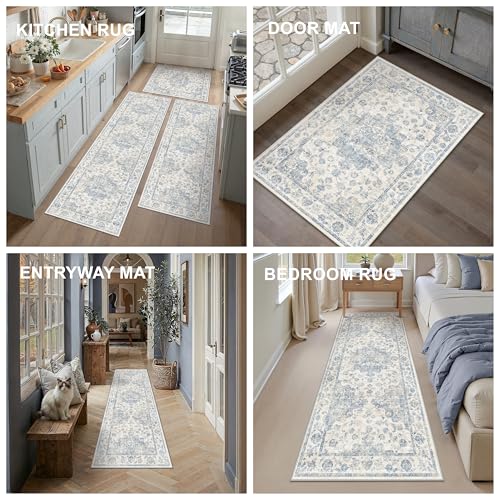 Washable Neutral Blue Kitchen Runner Rug Set of 3 - color: Neutral | Blue, size: 20"x32"+20"x48"+20"x59"