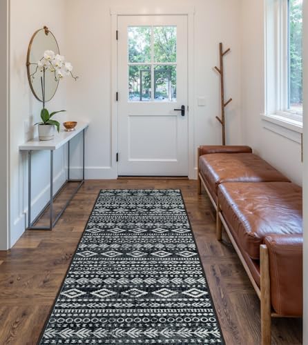 Lahome Moroccan Runners for Hallways, Washable 2.5x8 Black White Hallway Runner Rug Non-Slip, Low-Pile Soft Tribal Print Boho Indoor Bedroom Carpet Runners 8ft for Entryway Kitchen Laundry Varena - color: Black/White, size: 2.5' x 8'