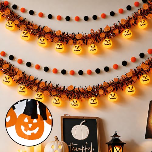 Halloween Garland with Lights, Halloween Tinsel Garland 10FT 20LED - color: Orange Black