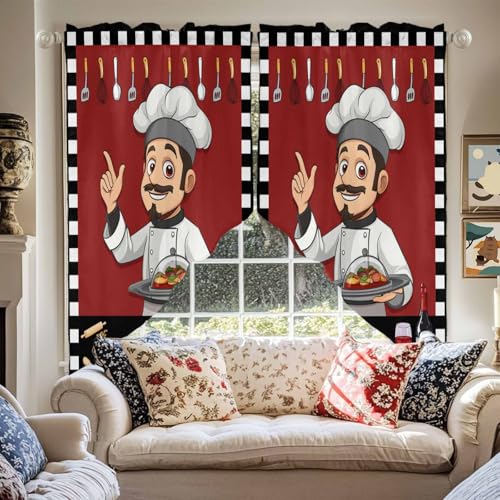 Chef Swag Valances Red Kitchen Curtains 36 Inches Length, Black White Check Tier Drapes Swag Topper, Farmhouse Food Cooking Plaid Short Window Treatments for Small Windows Bathroom 2 Panels 28"x36" - color: Red, size: 28"W x 36"L (Pack of 2)