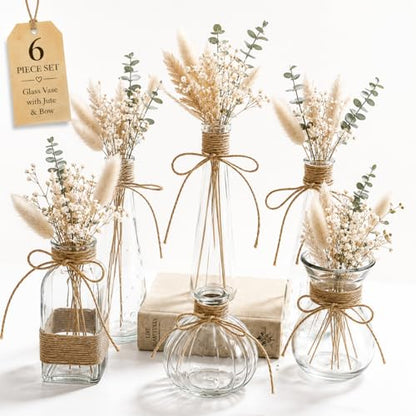 Glass Bud Vases Set of 6 for Flowers, Clear Small Vases with Jute Rope