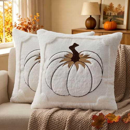 Allorry Fall Pillow Covers 18x18 Cream White Pumpkin Leaves Home Decor21D18 - color: Cream White Pumpkin Leaves, size: 18" x 18" (Pack of 2)