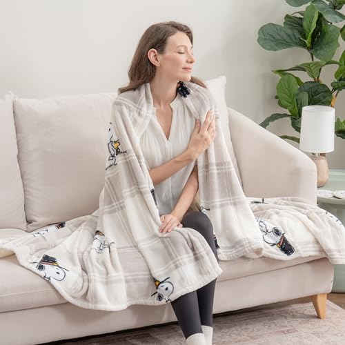Berkshire Blanket Peanuts® VelvetLoft® Cute Character Snoopy Plush Throw Blanket,Lakeside Plaid Harvest Snoopy and Woodstock Grey,Throw 55 in x 70 in (Official Peanuts® Product) - color: Lakeside Plaid Harvest Snoopy and Woodstock Grey, size: Throw (55 in