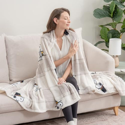Berkshire Blanket Peanuts® VelvetLoft® Cute Character Snoopy Plush Throw Blanket,Lakeside Plaid Harvest Snoopy and Woodstock Grey,Throw 55 in x 70 in (Official Peanuts® Product) - color: Lakeside Plaid Harvest Snoopy and Woodstock Grey, size: Throw (55 in