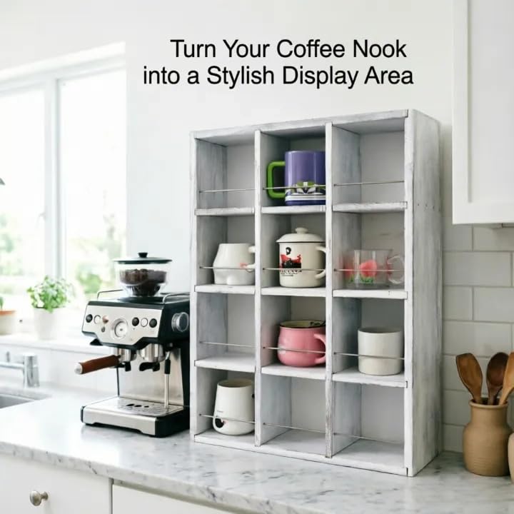 12 Grid coffee mug display shelf,17x25" Wooden cup shelf for wall, White - color: Old White