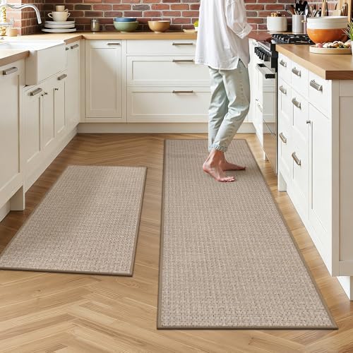 Ileading Kitchen Rugs Set of 2, Anti Fatigue Cushioned Floor Mats for Kitchen, Non Slip Rubber Backing Polypropylene Woven Runner Rug, Heavy Duty & Slip Resistant Standing Mat - color: Beige&coffee, size: 19"x31.5"+19"x59"