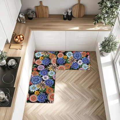 Feelyou Boho Floral Kitchen Rugs Sets 2PCS - color: Pink Green Yellow