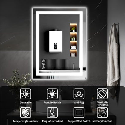 24"x32" LED Bathroom Mirror with Lights, Dimmable, Anti-Fog, Lighted Bathroom Vanity Mirror for Wall, Backlit + Front Lit, Memory Function, Shatter-Proof, Tempered Glass - size: 32"L x 24"W