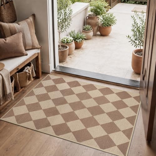 Easy Jute Kitchen Rug 2x3 Front Door Mat Washable Non Slip Entryway Rug Farmhouse Neutral Low Pil Carpet for Entryway Proch Doorway - color: Brown/Checkered, size: 2'*3'(Rectangular)