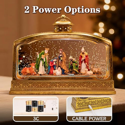 Premium Nativity Christmas Lantern, 11.5" Lighted Snow Globe with Mary Joseph Baby Jesus Scene, Musical Water Lantern with 8 Songs, 6H Timer, USB & Battery Powered, Religious Holiday Decor Gift - color: Gold 31