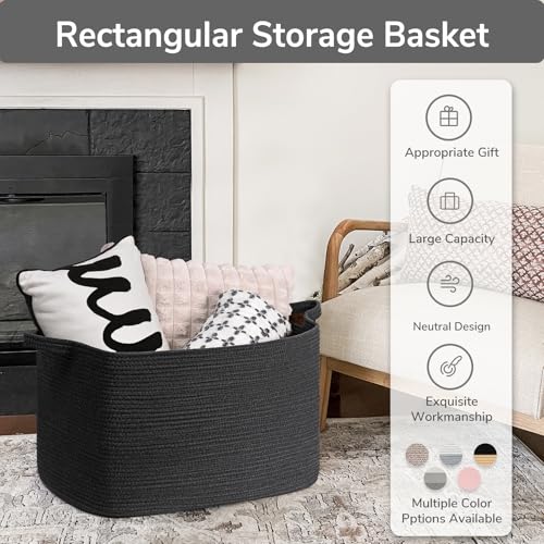 Goodpick 85L Large Woven Rope Blanket Basket, Rectangle, Black - color: Black, size: X-Large(23.6"L x 15.7"W x 13.8"H)