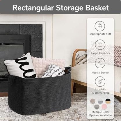 Goodpick 85L Large Woven Rope Blanket Basket, Rectangle, Black - color: Black, size: X-Large(23.6"L x 15.7"W x 13.8"H)