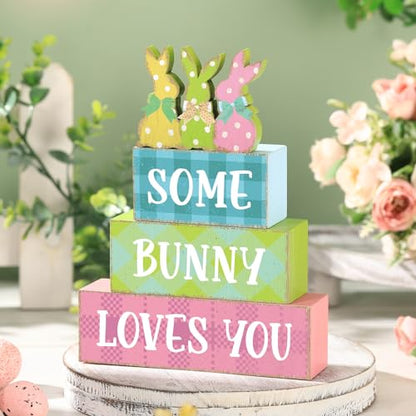 4 Pcs Easter Bunny Table Sign Wooden Table Decor Farmhouse Holiday Sign Easter Tabletop Centerpieces Spring Wood Blocks Tiered Tray Decor for Home Kitchen(Dot Bunny) - style: Dot Bunny