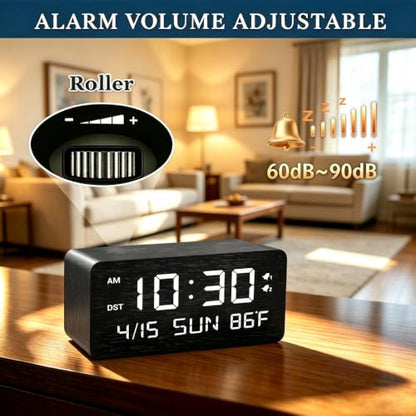 Premium Black Wooden Digital Alarm Clock with Wireless Phone Charger, Dual USB Charging Ports, Dimmable LED Display, Date and Day of Week, Small Digital Desk Clock for Bedroom Nightstand Bedside Table - color: Black