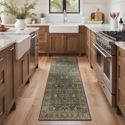 Bavni 2x7 Kitchen Runner Rug, Washable Non Slip, Dark Green Brown - color: Dark Green Brown, size: 2' x 7' (Rectangular)