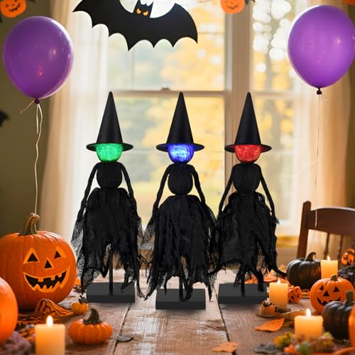 Halloween Decorations Indoor, Set of 3 Lighted Primitive Witch with Hat, Spooky Black Witches Figurines LED Lights Standing Table Decor Scary Table Centerpieces Tiered Tray Decor Shelves Mantels Home