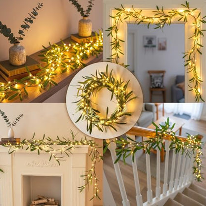 Vanthylit Lighted Artificial Olive Garland, 6FT Faux Greenery Vine Garland