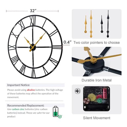 32 Inch Large Silent Wall Clock, Easy Assembly Roman Numeral Black - color: Black Metal Wall Clock, size: 32inch