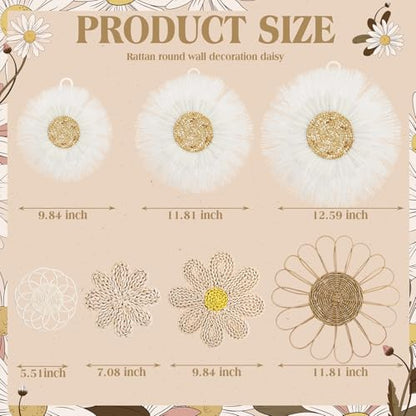 Chunful 7 Pcs Boho Wall Basket Decor Rattan Flower, Milky White - color: Milky White